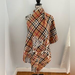 Large lovely tan beige black check scarf with silver hearts 80” x 24”